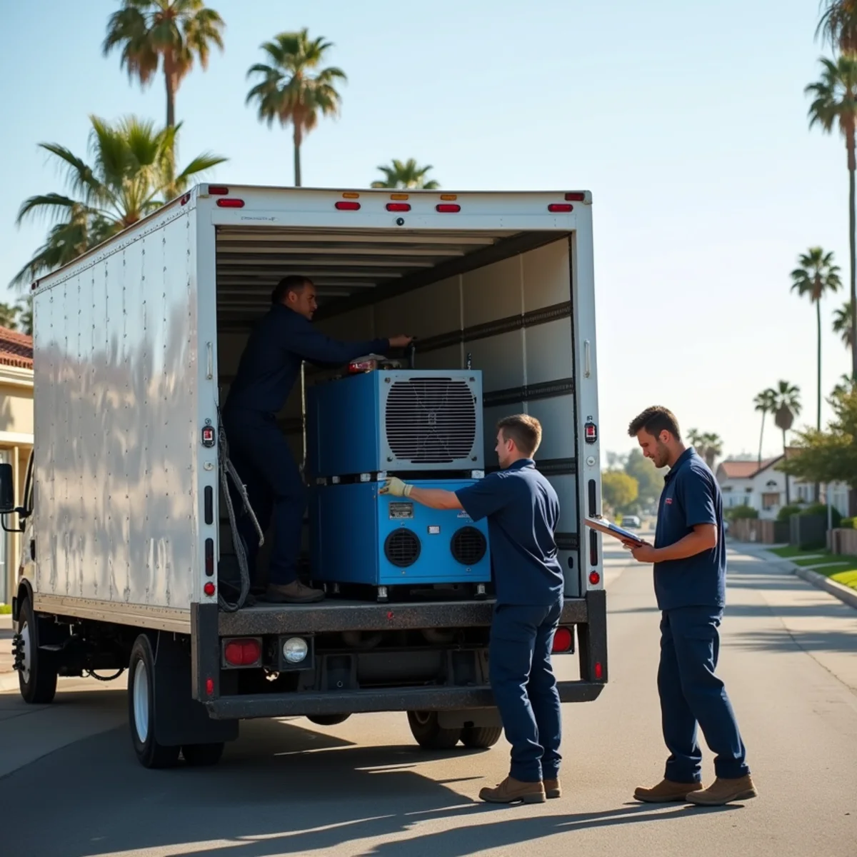 Water Damage Whittier restoration crew loading air movers into an equipment truck in Whittier, CA