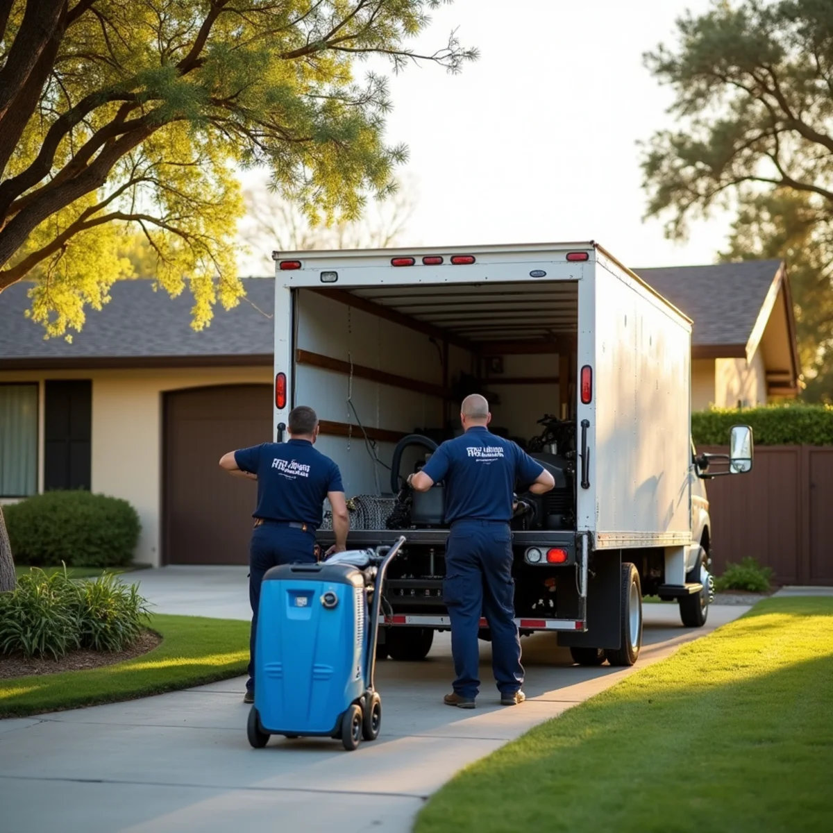 Water Damage Whittier crew unloading drying equipment outside a Whittier, CA home