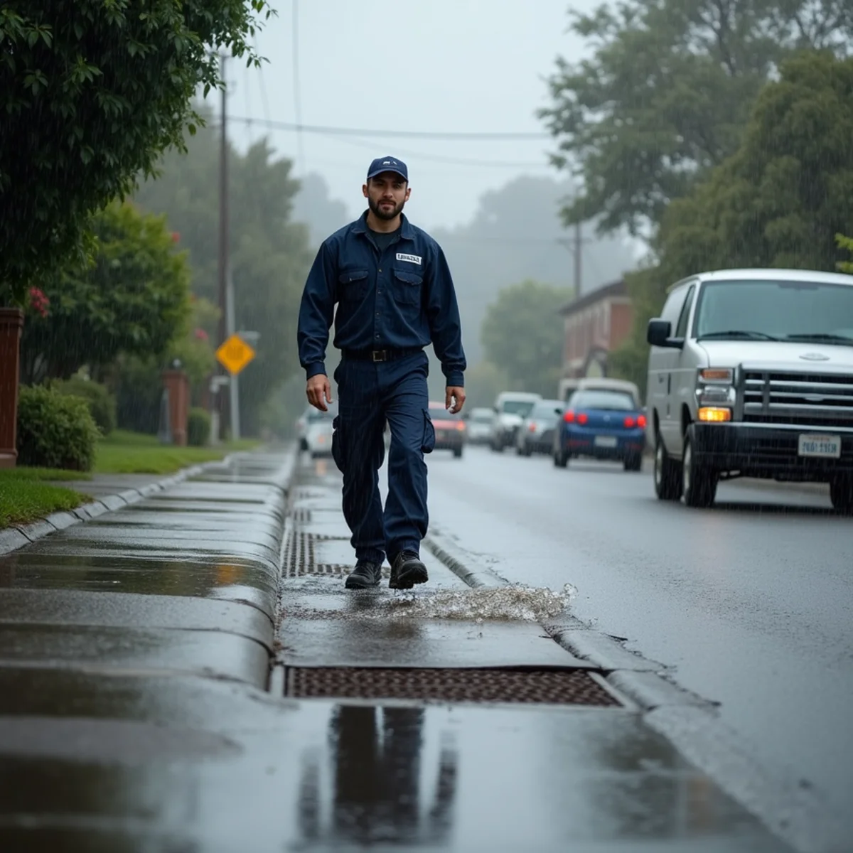 Heavy winter rain flooding a residential street in the San Gabriel Valley