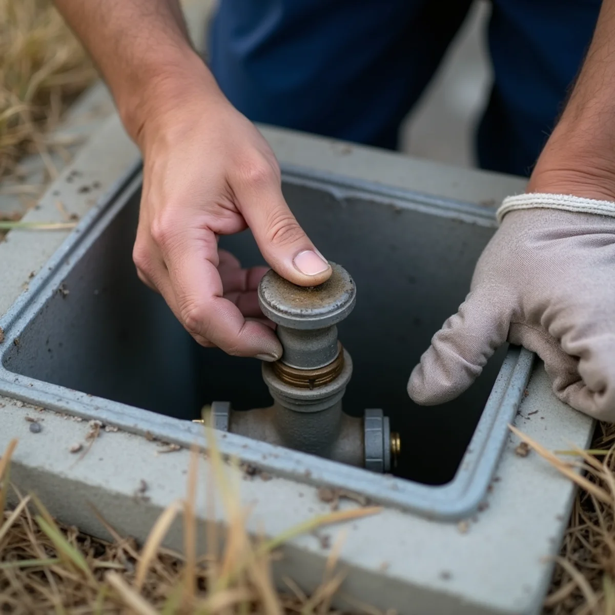 Homeowner closing the main water shut-off valve in a meter box outside a Whittier, CA home