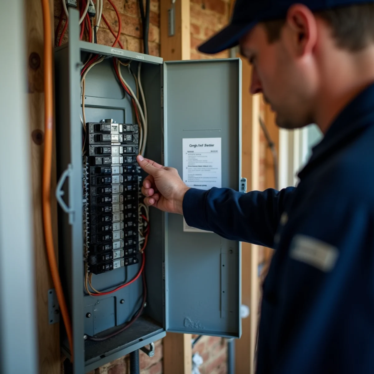 Hand switching off breakers at a residential electrical panel during a water emergency