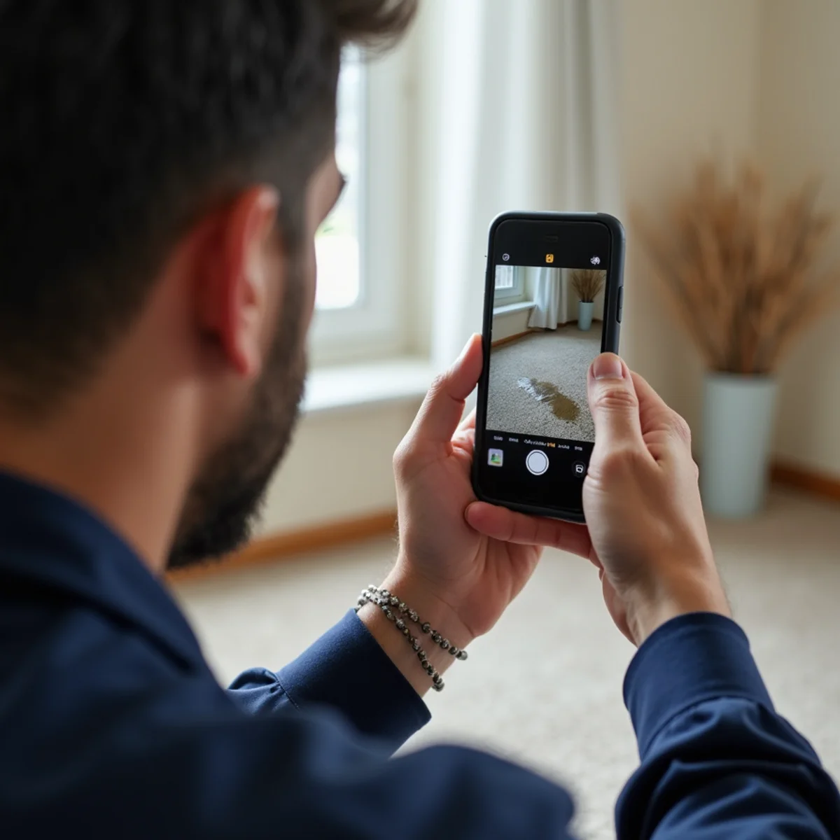 Homeowner photographing water damage on a phone before cleanup begins