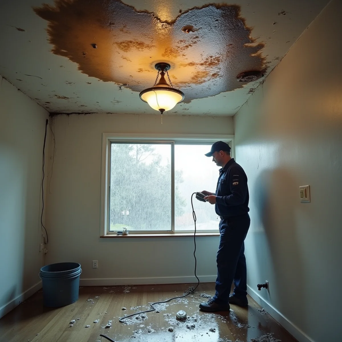 Water stained and bulging ceiling during a winter storm in a Whittier, CA home