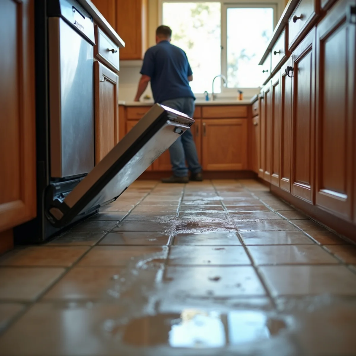 Water spreading from a leaking dishwasher across a kitchen floor in Whittier, CA