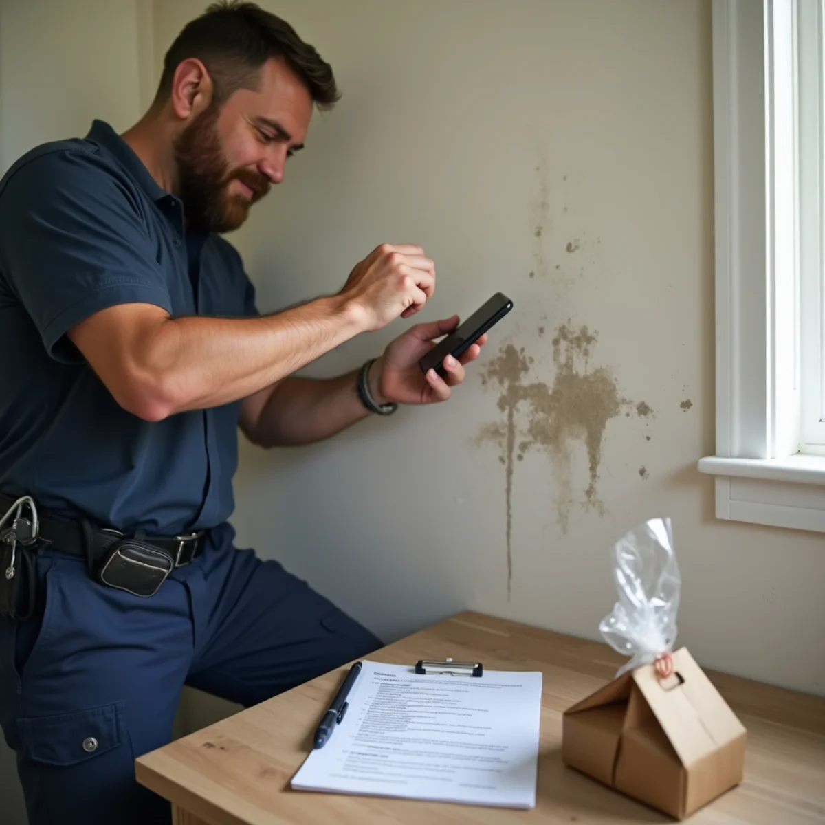 Homeowner photographing water damage for an insurance claim in a Whittier, CA home