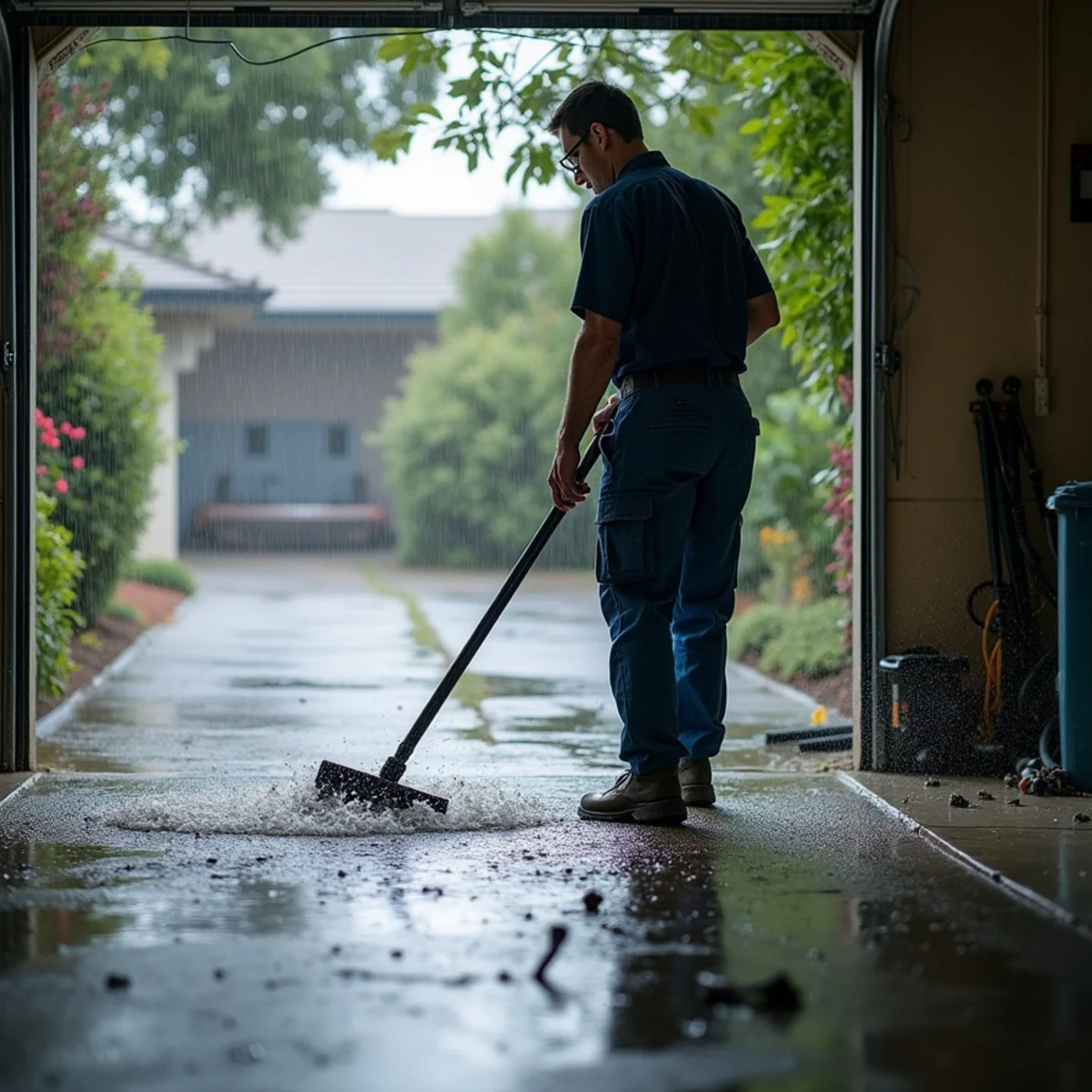 Storm water entering under a garage door at a home in Whittier, CA