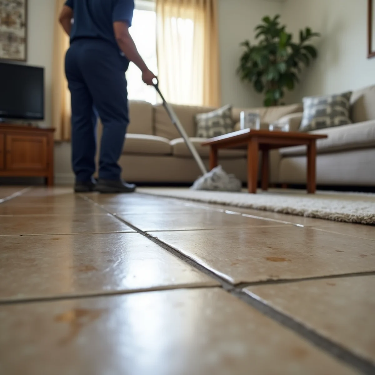 Warm patch on a tile floor and a stained baseboard indicating a hidden water leak