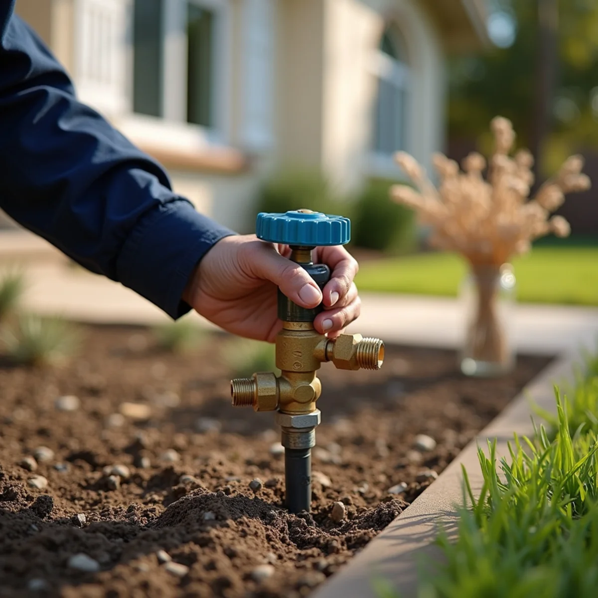 Homeowner closing an irrigation shut-off valve to isolate the yard line from the house