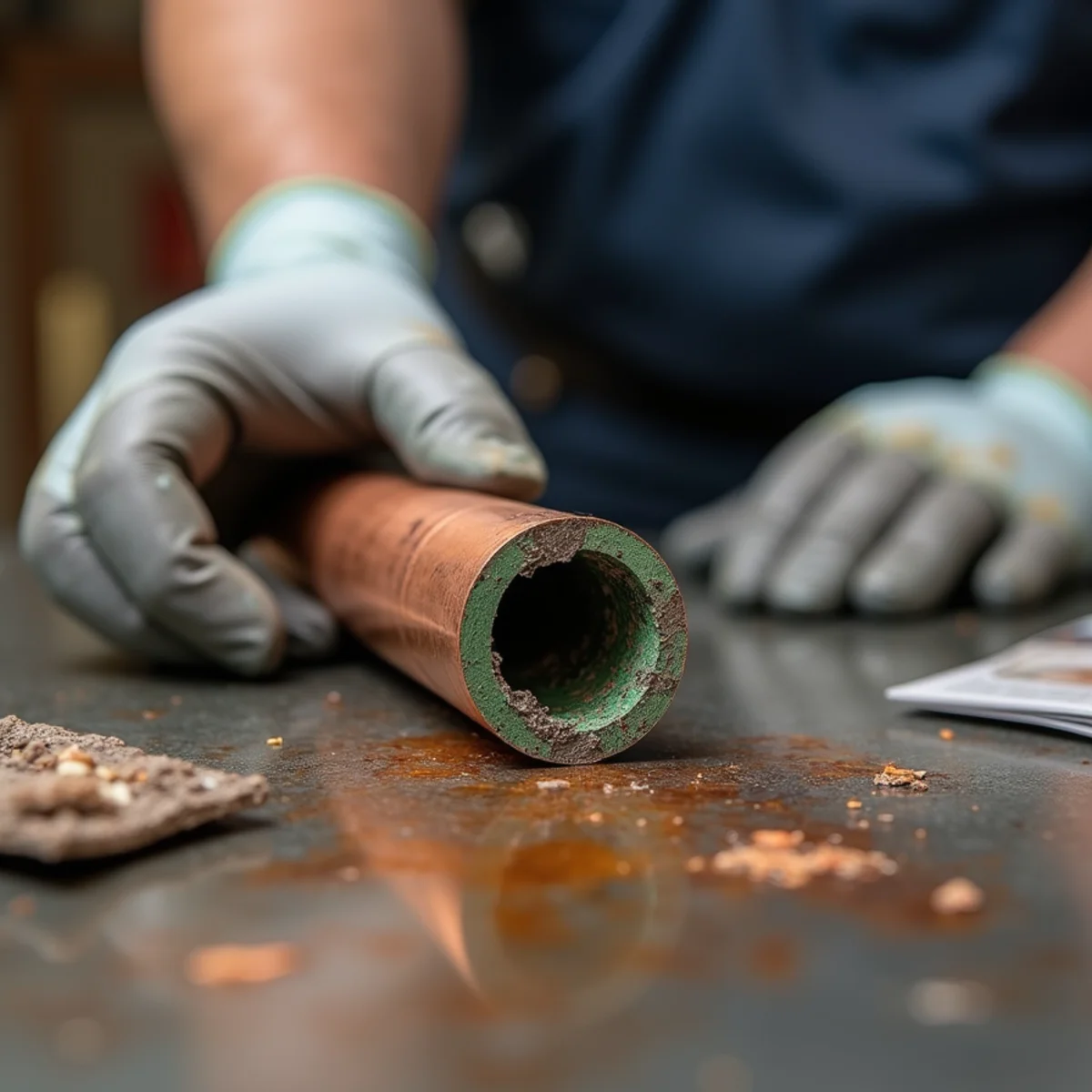 Cut section of copper pipe showing pinhole corrosion from a Whittier, CA slab leak