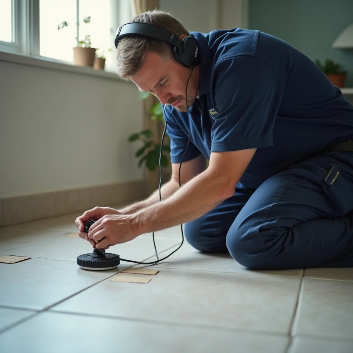 Technician pinpointing a hidden leak with acoustic equipment in a Whittier, CA home