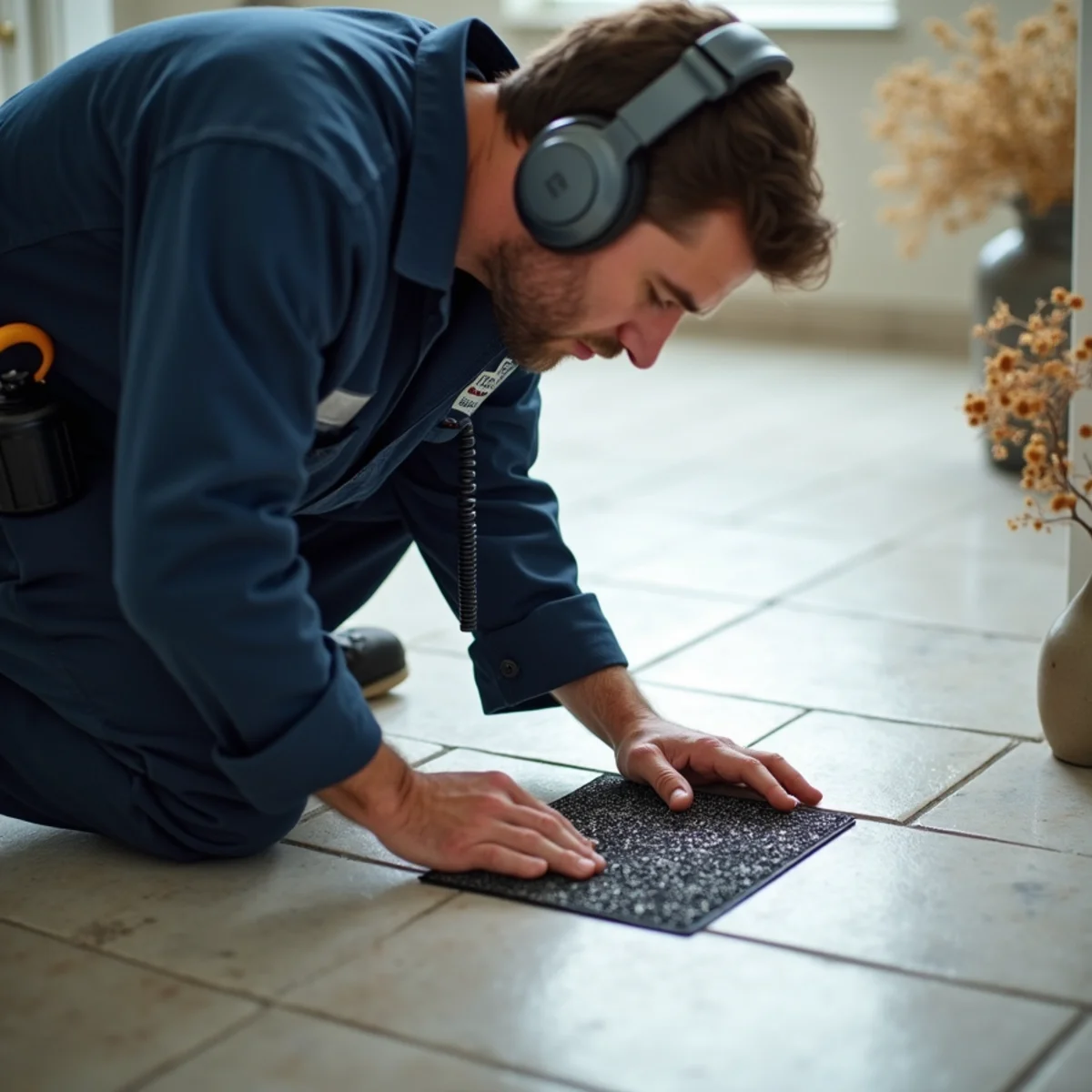 Technician using acoustic listening equipment across a slab floor to pinpoint a leak