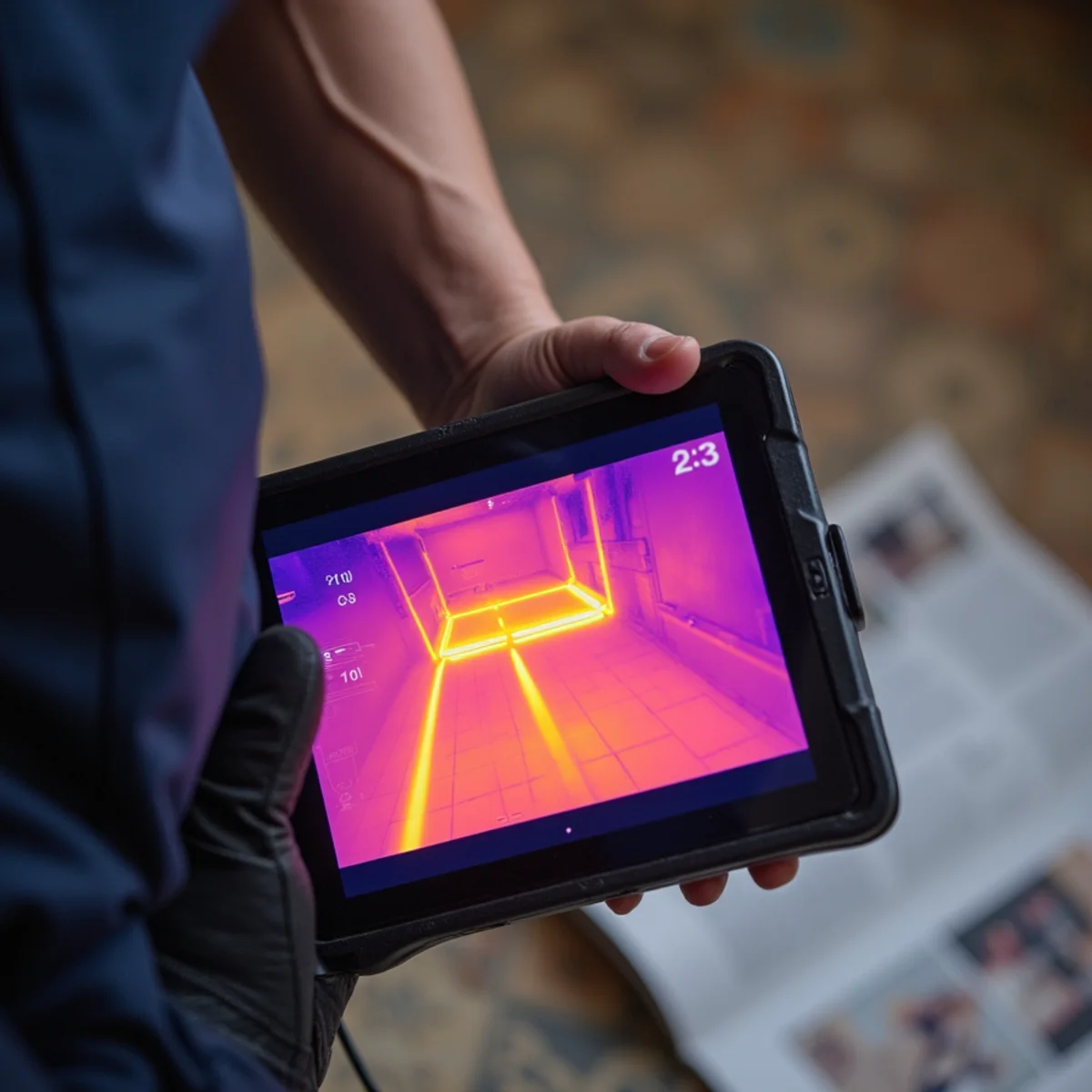 Thermal imaging camera screen showing the heat signature of a hot water slab leak