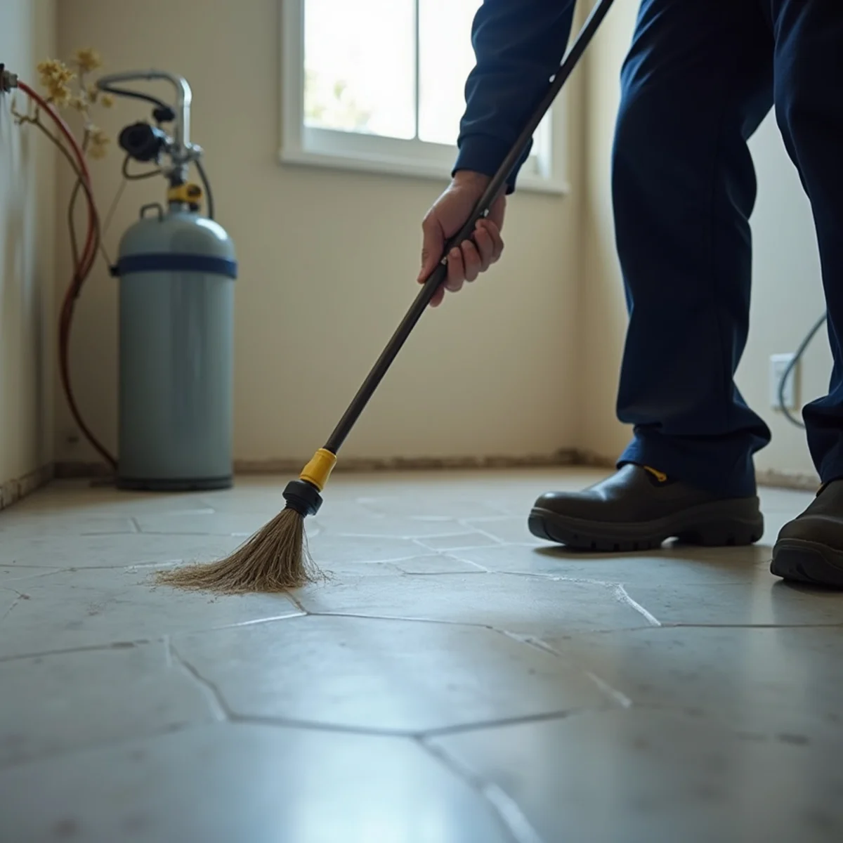 Tracer gas detector being used over a slab floor to locate a leak too quiet to hear