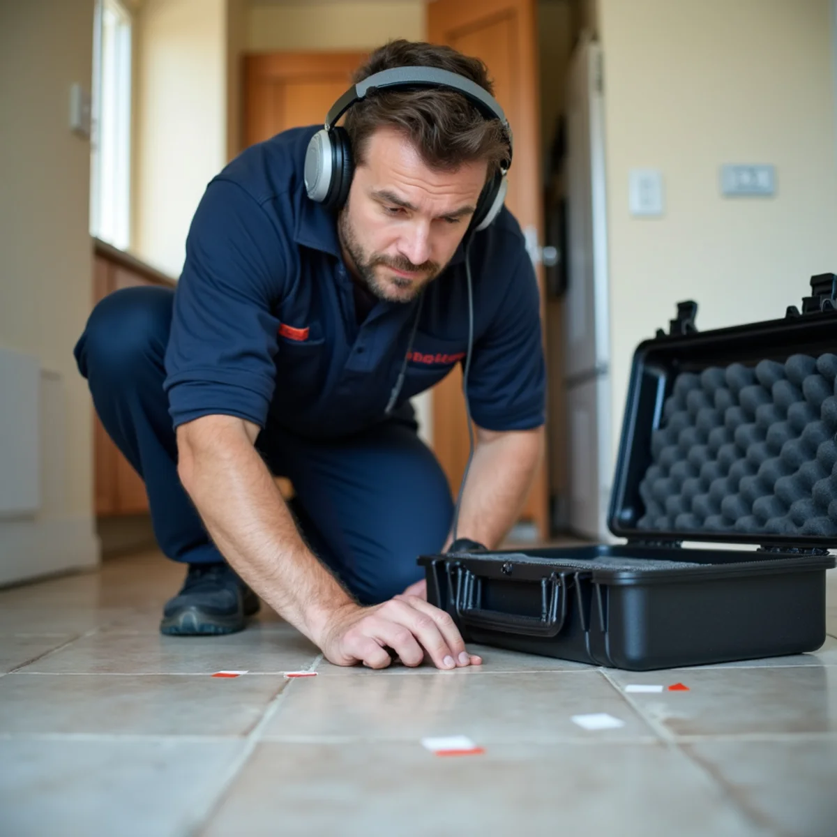Technician using acoustic listening equipment to locate a slab leak in a Whittier, CA home