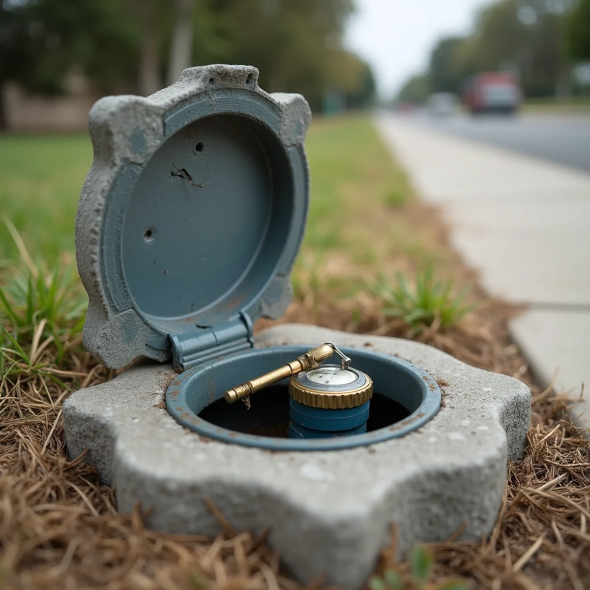 Water meter box with main shut-off valve outside a Whittier, CA home