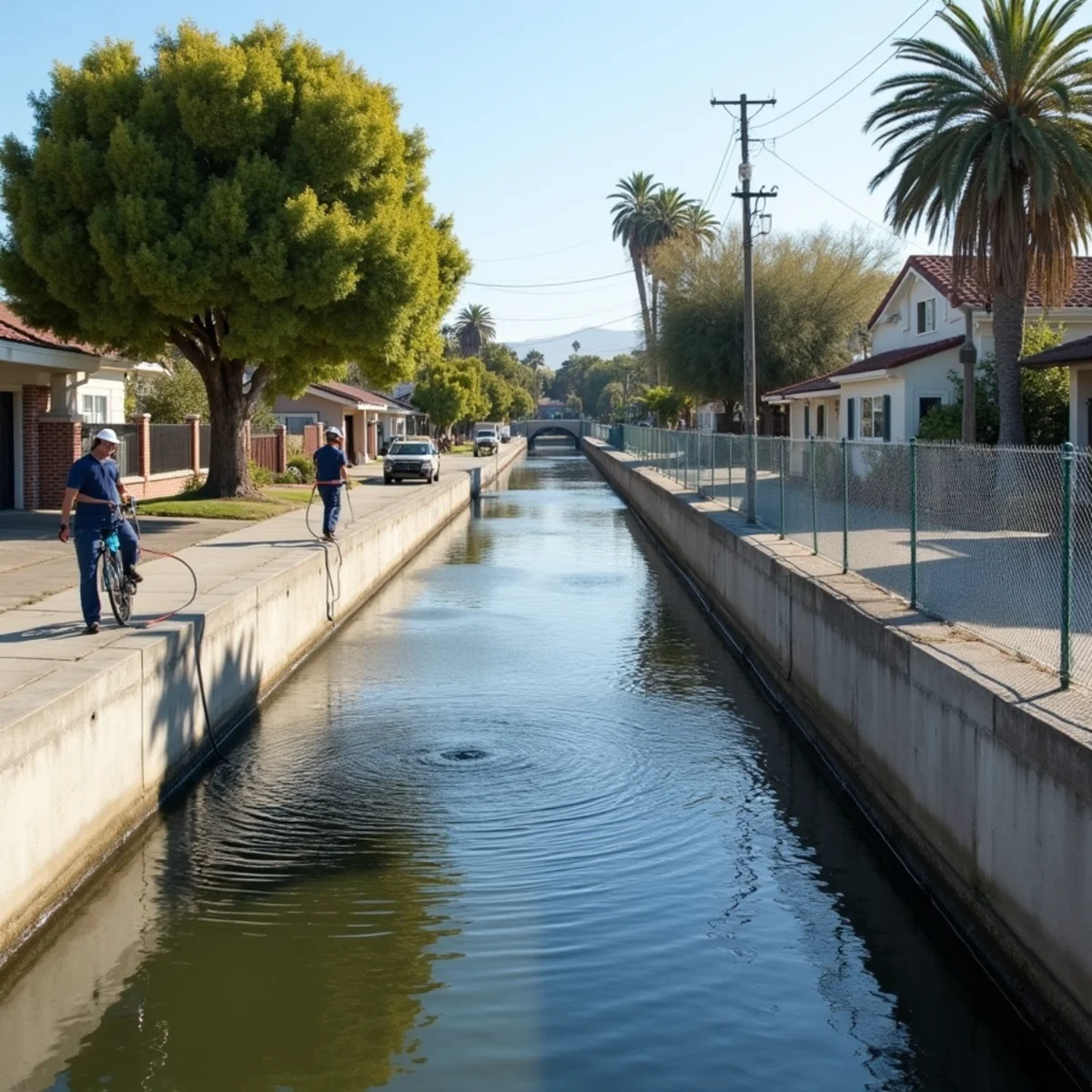The concrete-lined San Gabriel River channel running past Whittier, CA