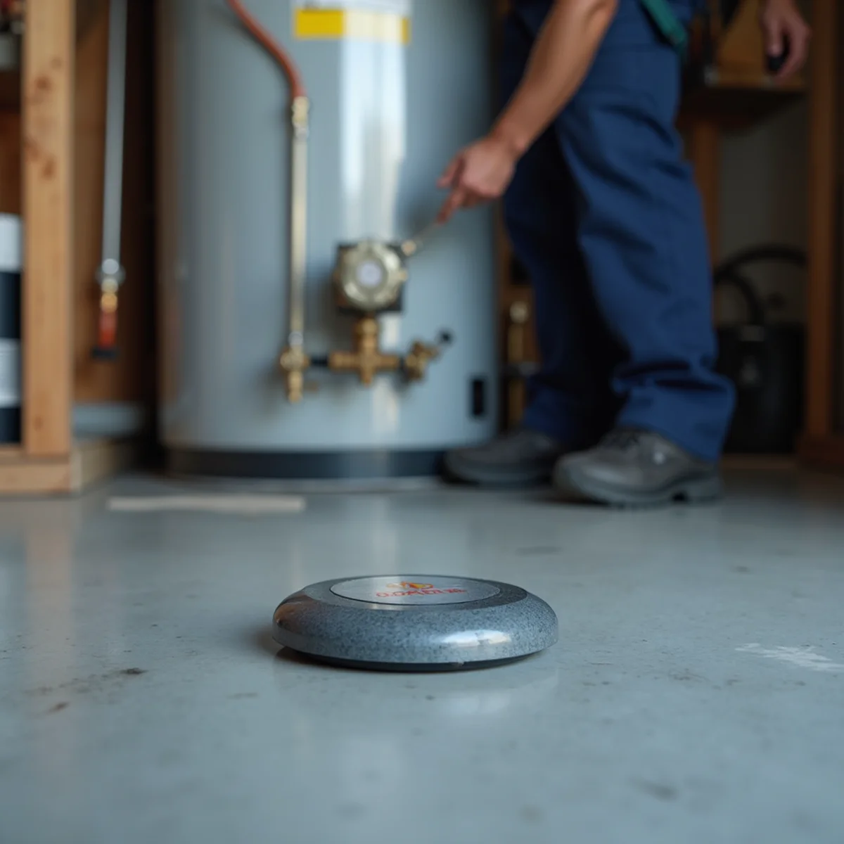Smart water leak sensor placed beside a water heater in a home garage