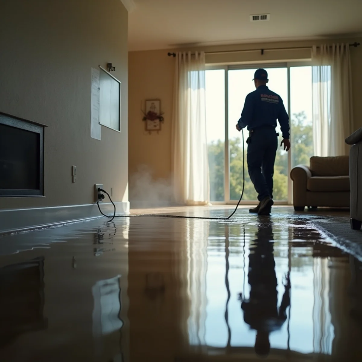 Standing water across the floor of a flooded Whittier, CA home