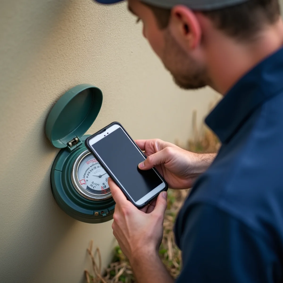 Homeowner checking the water meter leak indicator during a monthly inspection