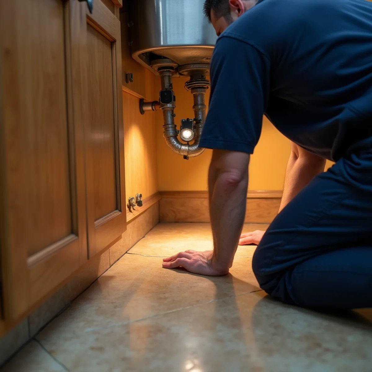 Hand checking the cabinet floor and supply connectors under a kitchen sink for moisture