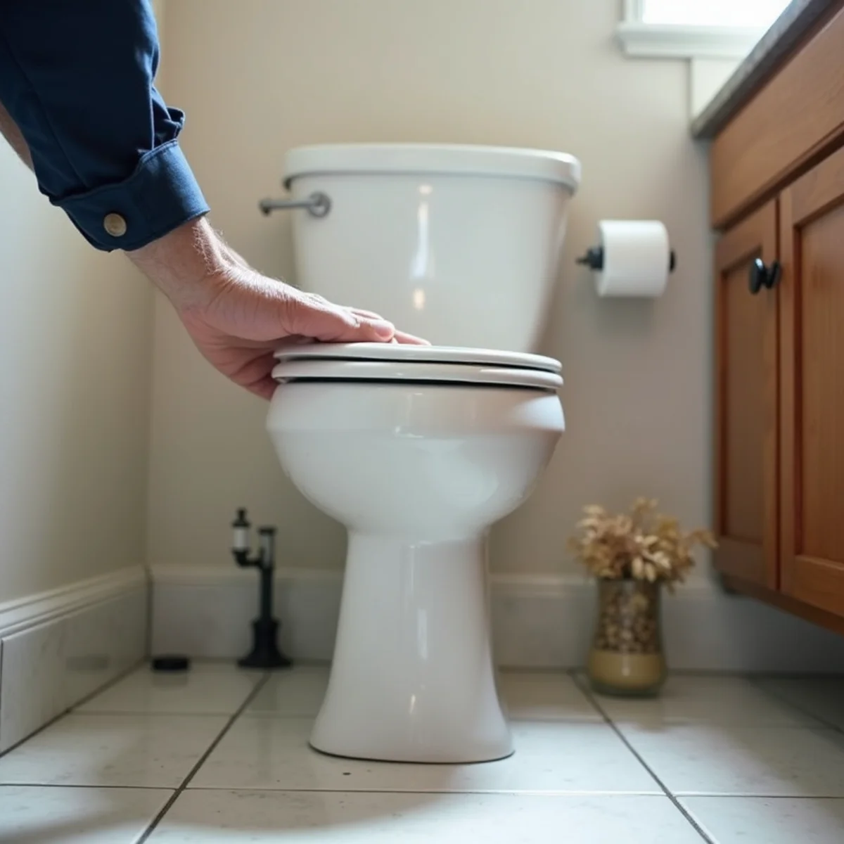 Inspecting the floor around a toilet base and vanity cabinet for a slow leak