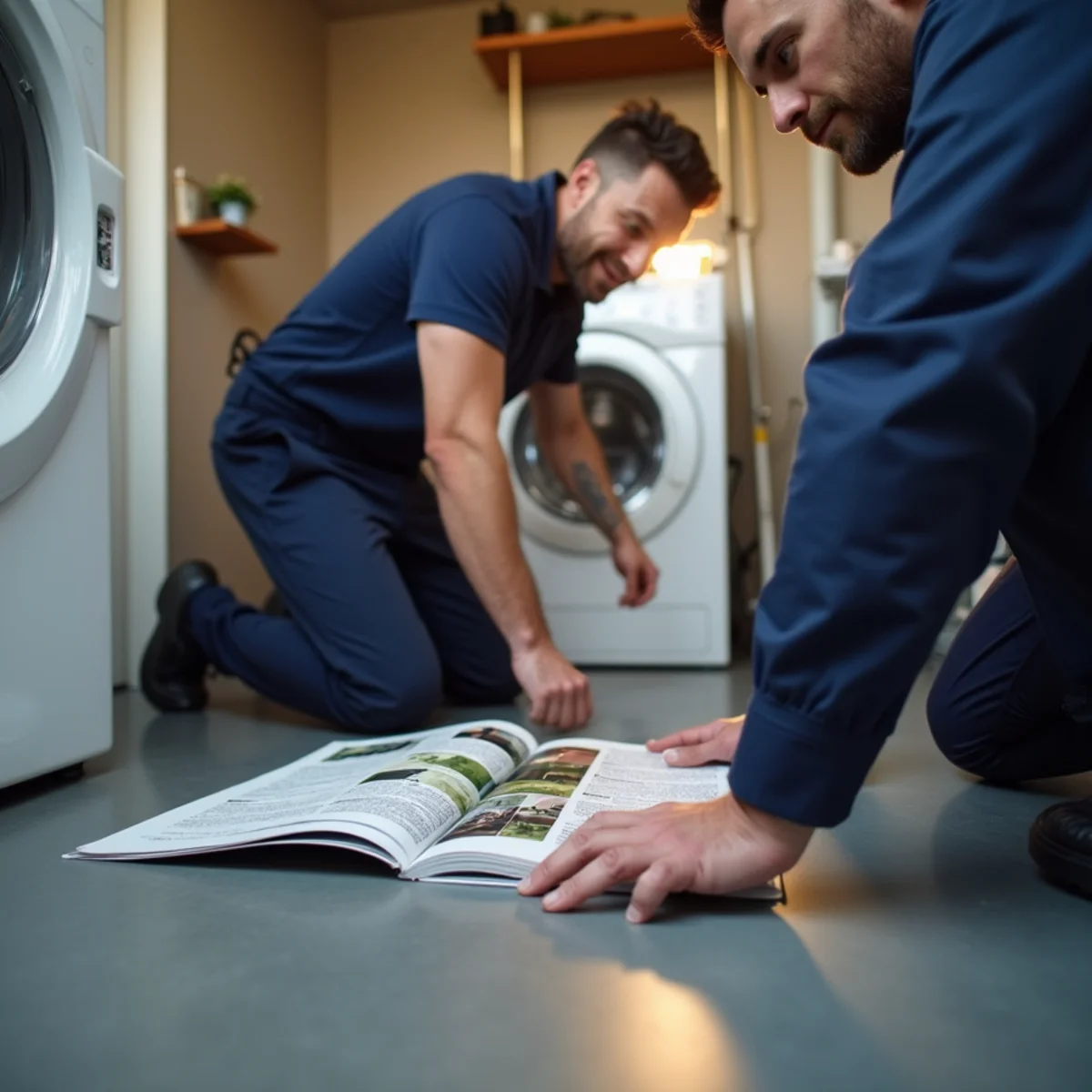 Checking washing machine hoses and a water heater drip pan for corrosion and moisture