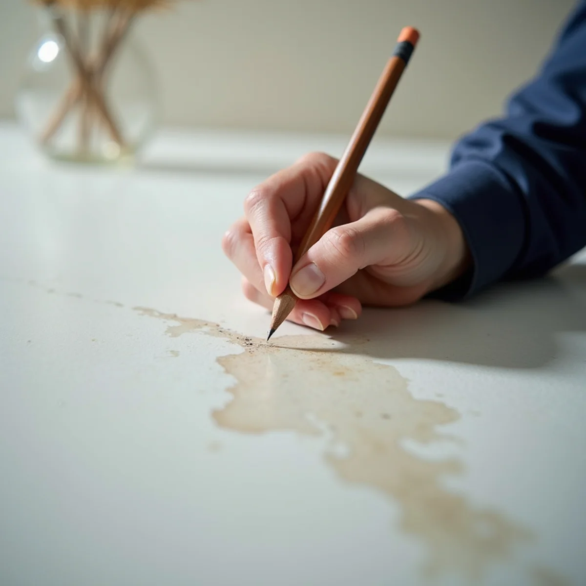 Homeowner marking the edge of a ceiling water stain in pencil to track whether it grows