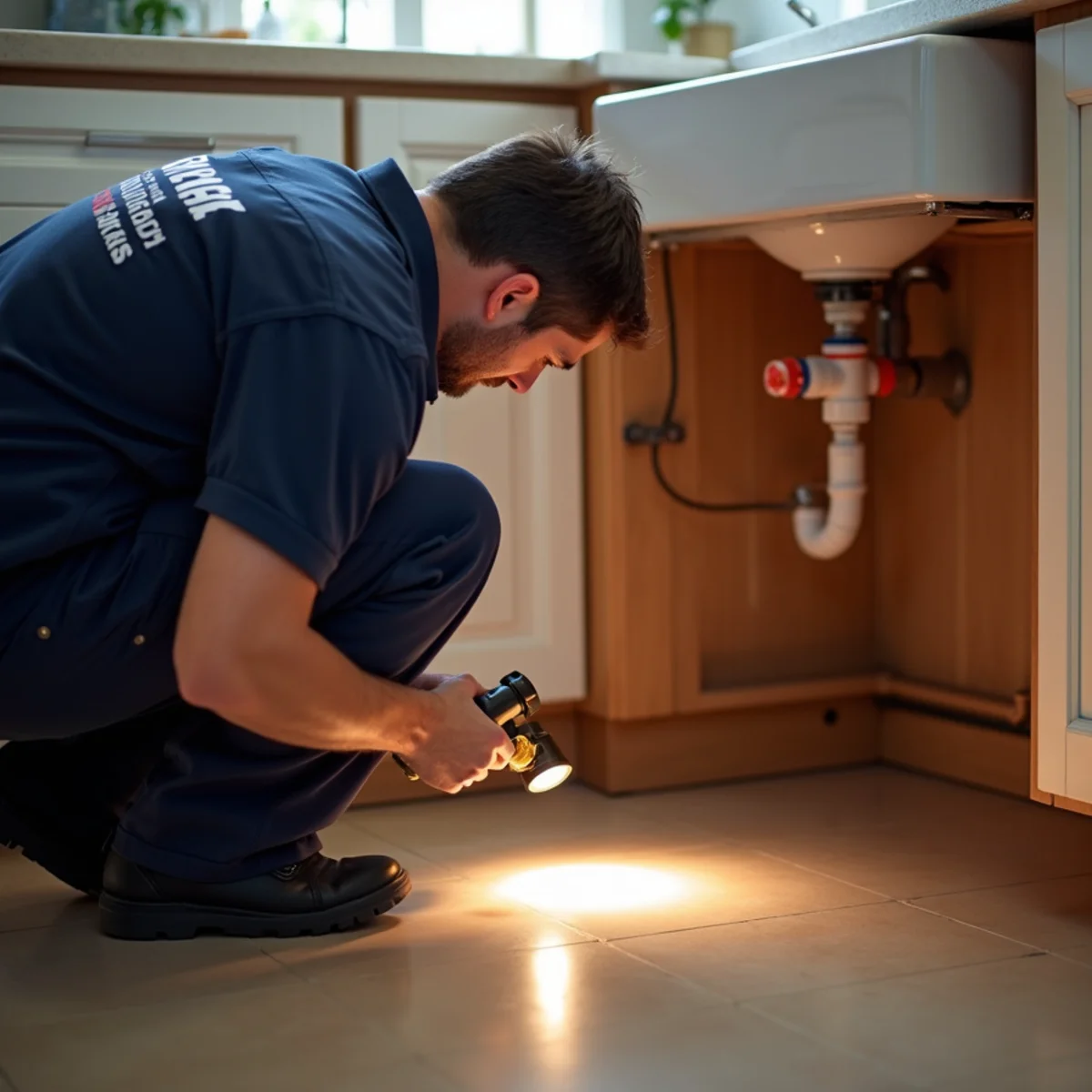 Homeowner checking under a kitchen sink during a monthly leak inspection