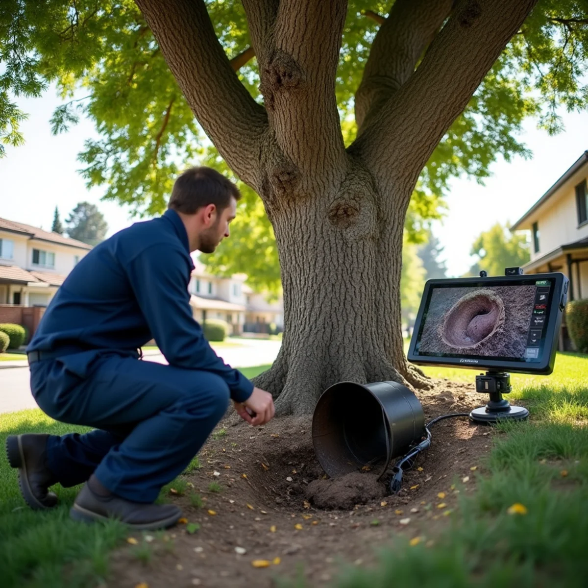 Mature street trees above a sewer lateral in an older Whittier, CA neighborhood