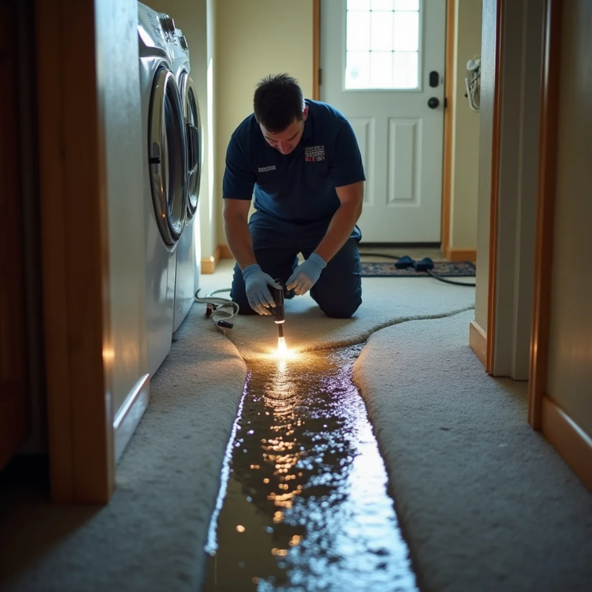 Water spreading from a laundry area under a wall into an adjoining hallway