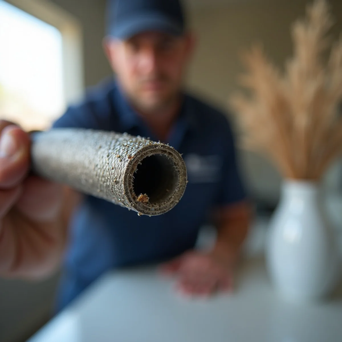 Close-up of a burst braided washing machine supply hose being photographed as evidence