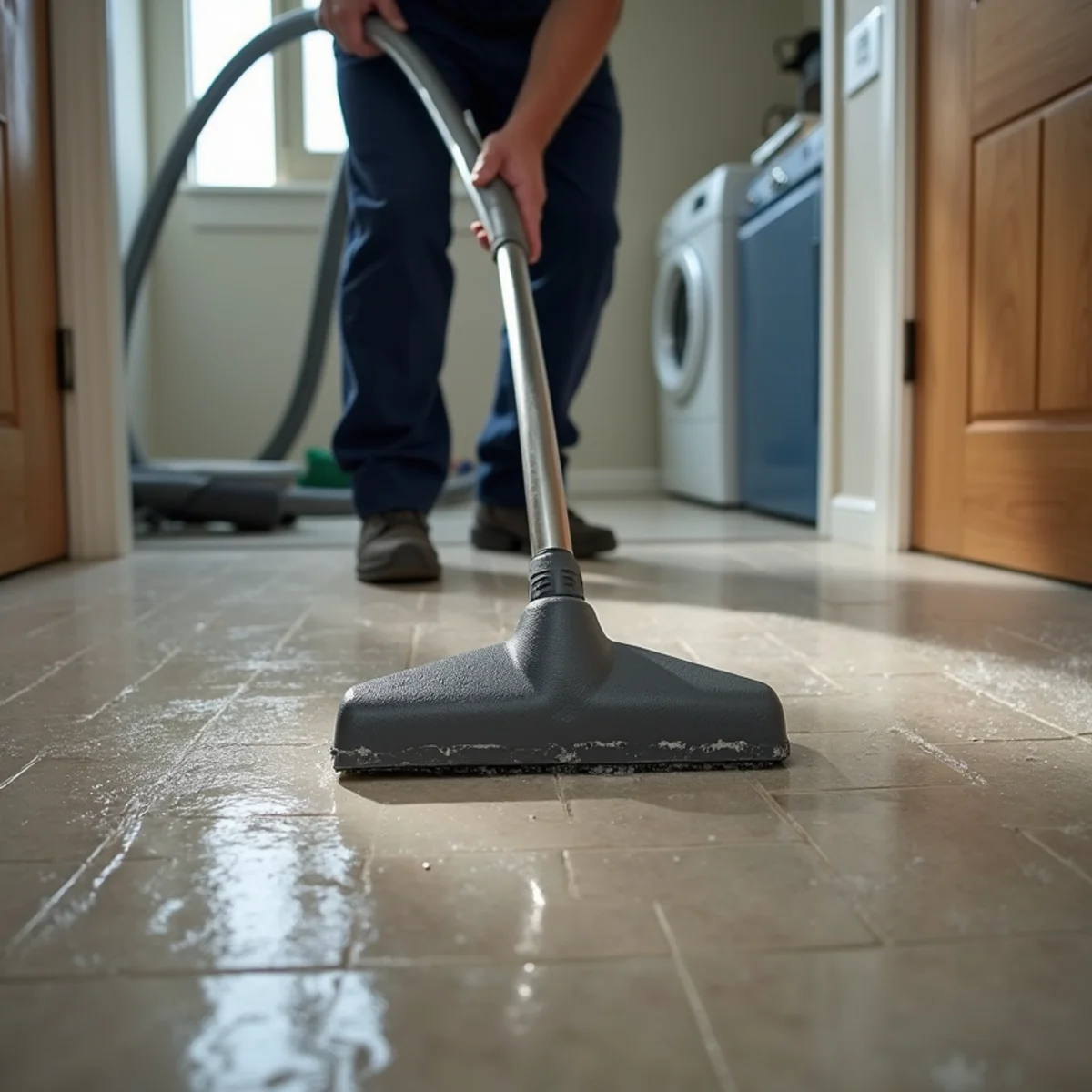 Technician extracting water from carpet padding with a weighted extraction tool