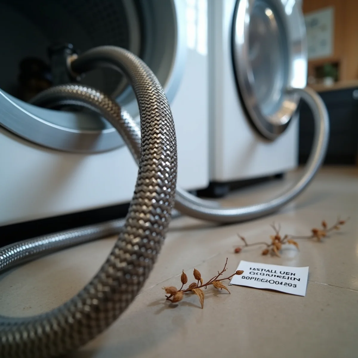 New braided stainless steel washing machine hoses fitted with the install date marked
