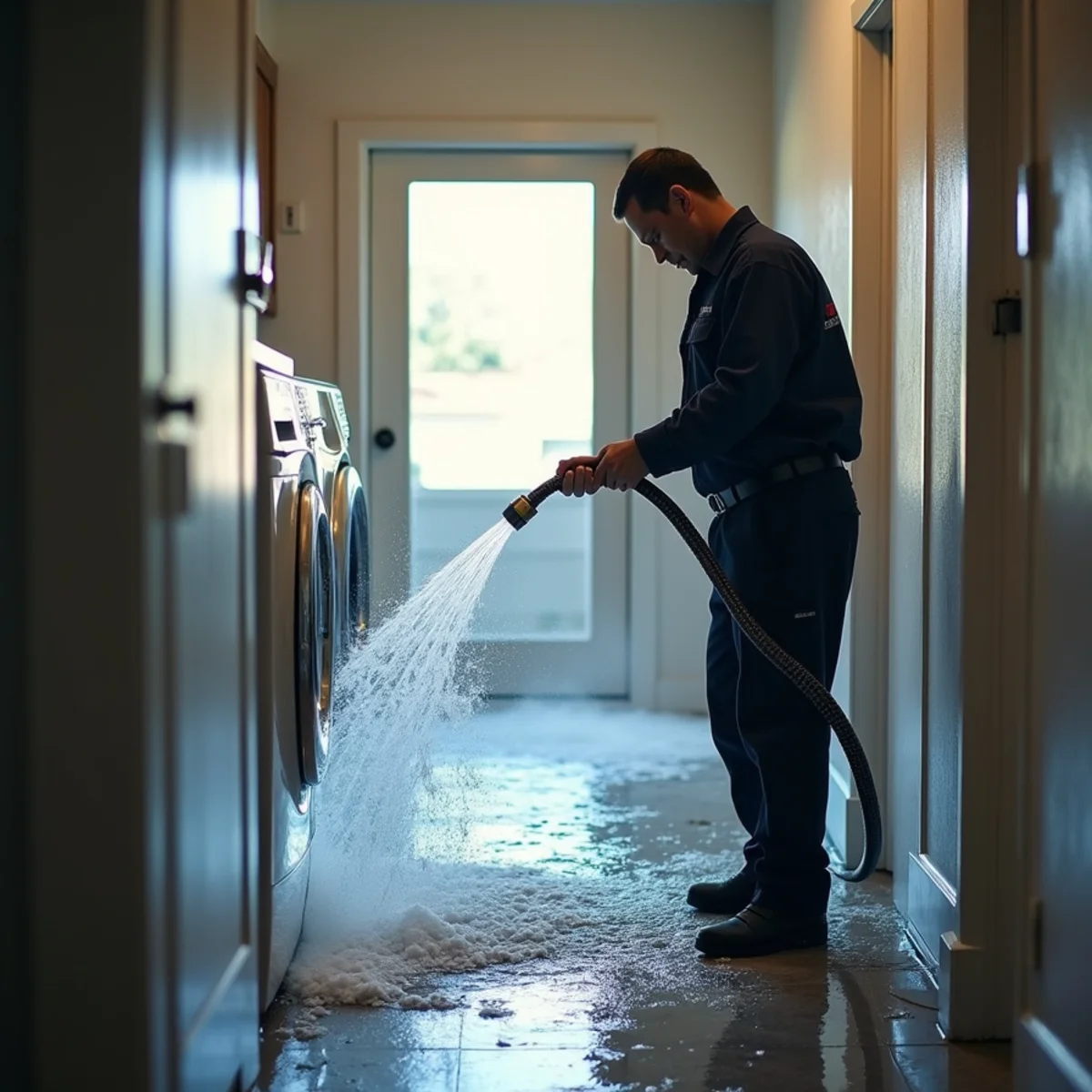 Burst washing machine supply hose flooding a laundry area in a Whittier, CA home