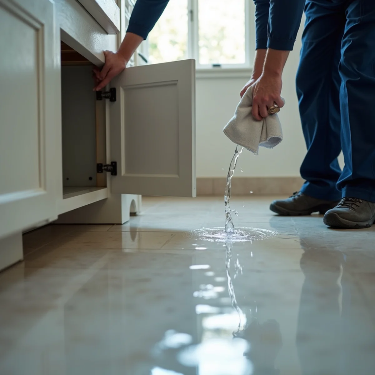 Clean supply line water pooling on a tile floor from a failed fitting