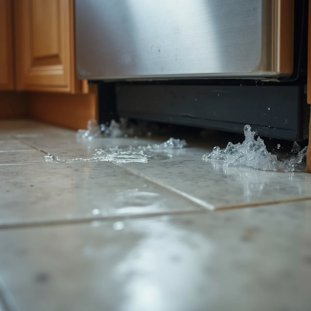 Gray water discharge from a failed dishwasher spreading across a kitchen floor