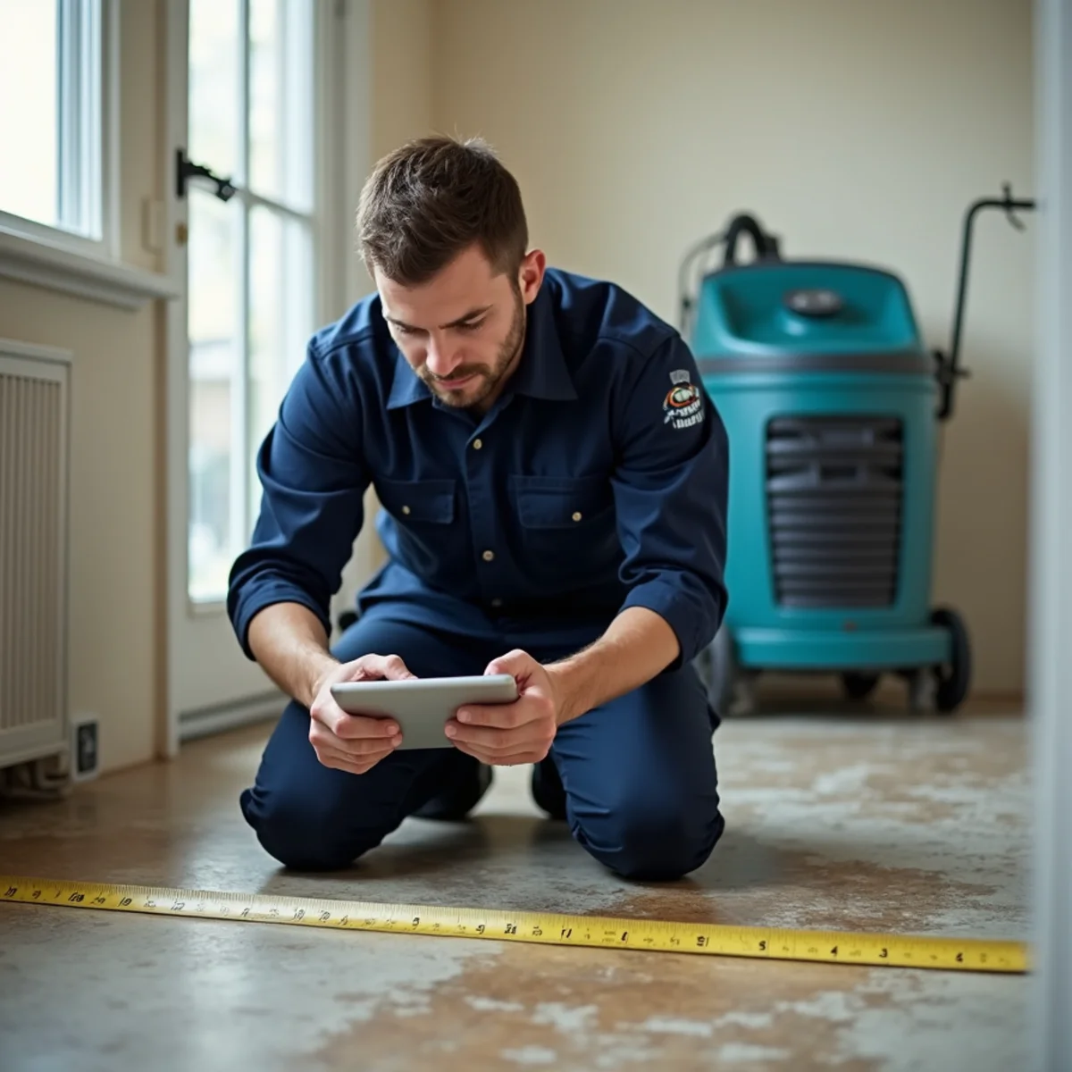 Restoration technician documenting moisture readings for a water damage estimate in Whittier, CA