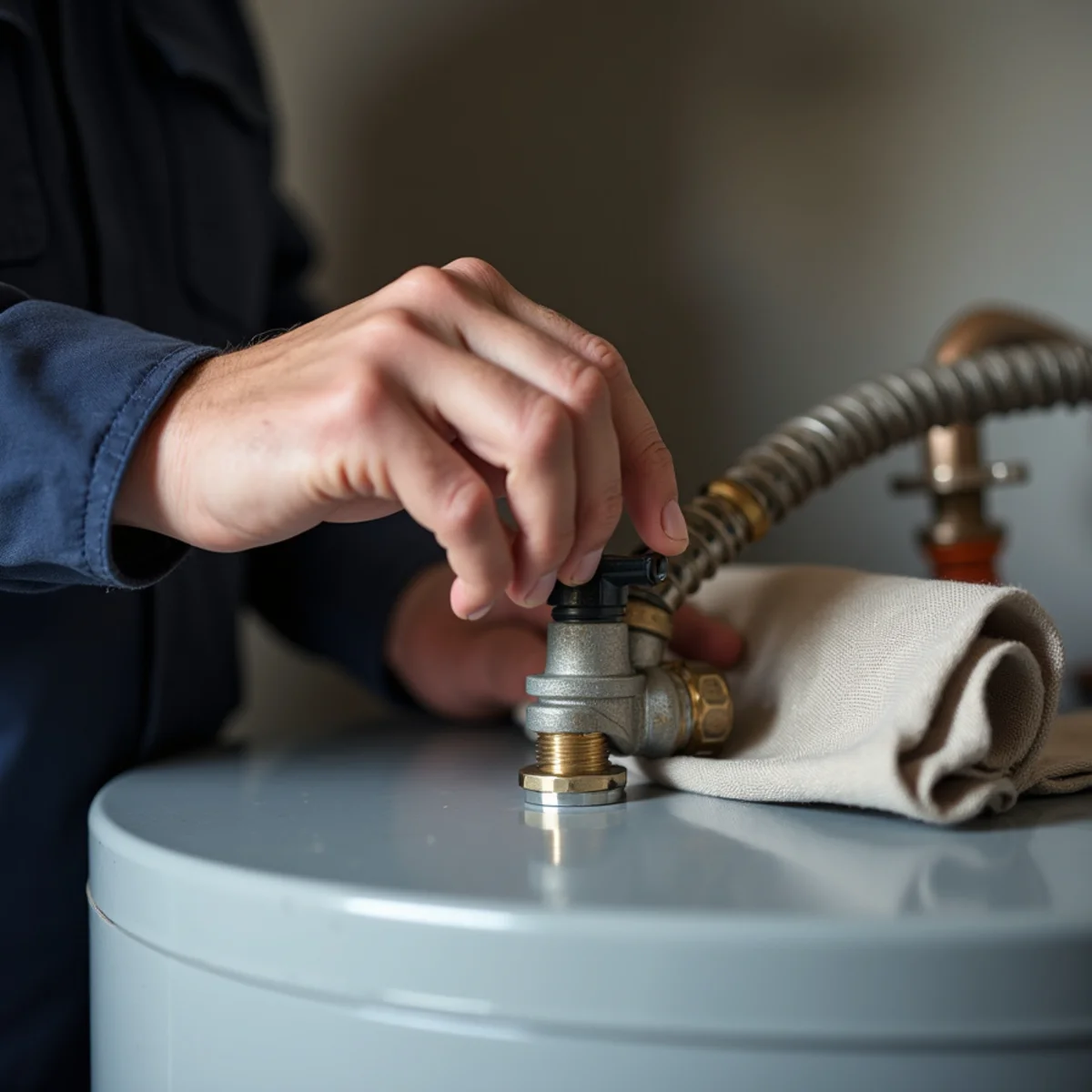 Hand closing the cold water inlet valve on top of a leaking water heater
