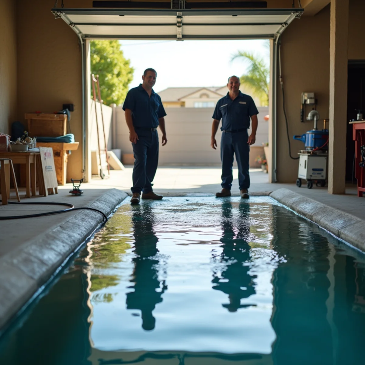 Water pooling around a failed water heater in a Whittier, CA garage