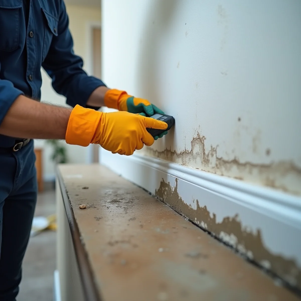 Moisture meter reading on wet drywall in a Whittier, CA home
