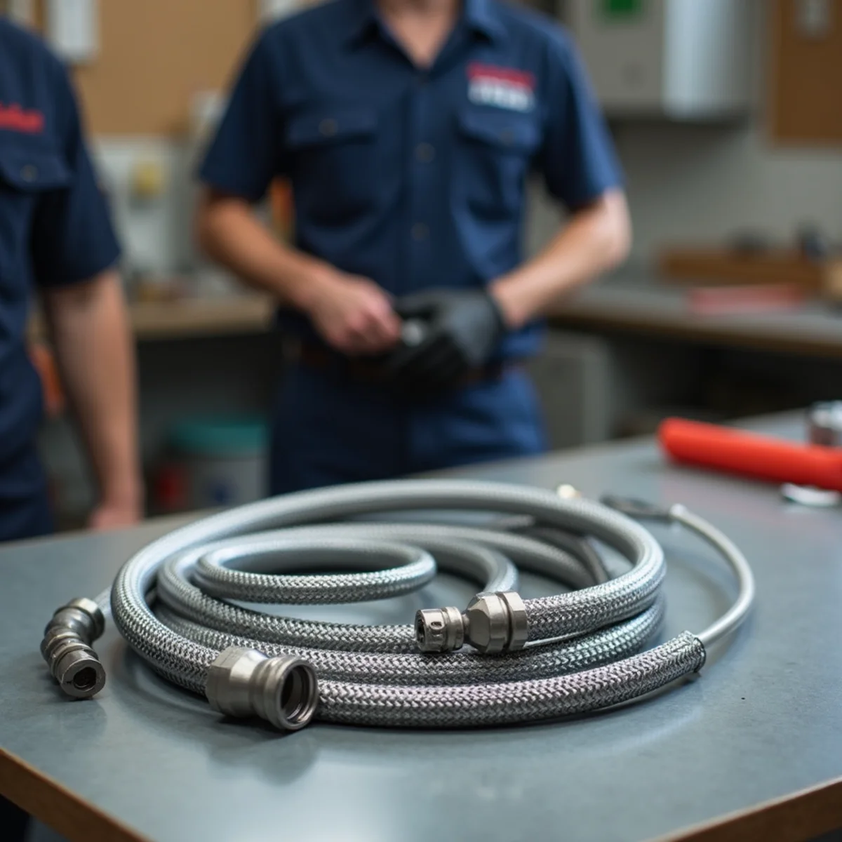 New braided stainless steel supply hoses ready for installation