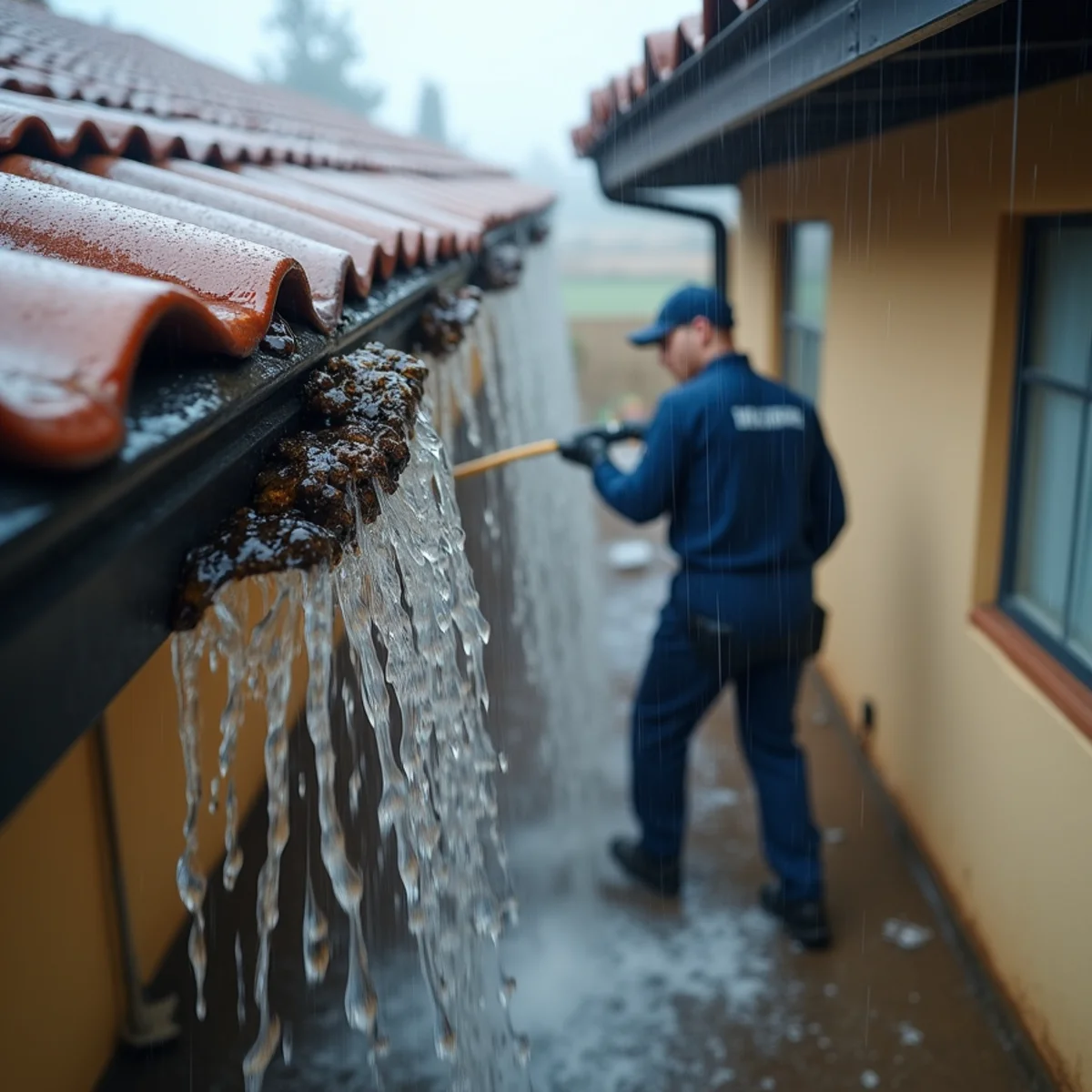 Rain running off a residential roof in Whittier, CA during the winter wet season
