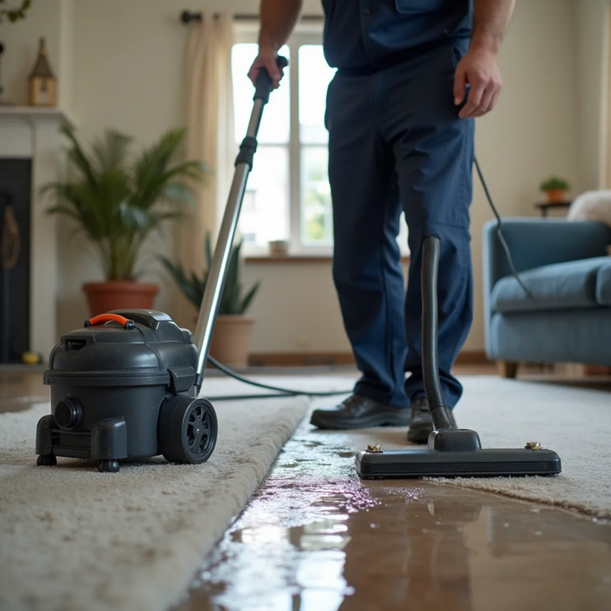 Weighted extraction tool removing water from carpet padding in a Whittier, CA home