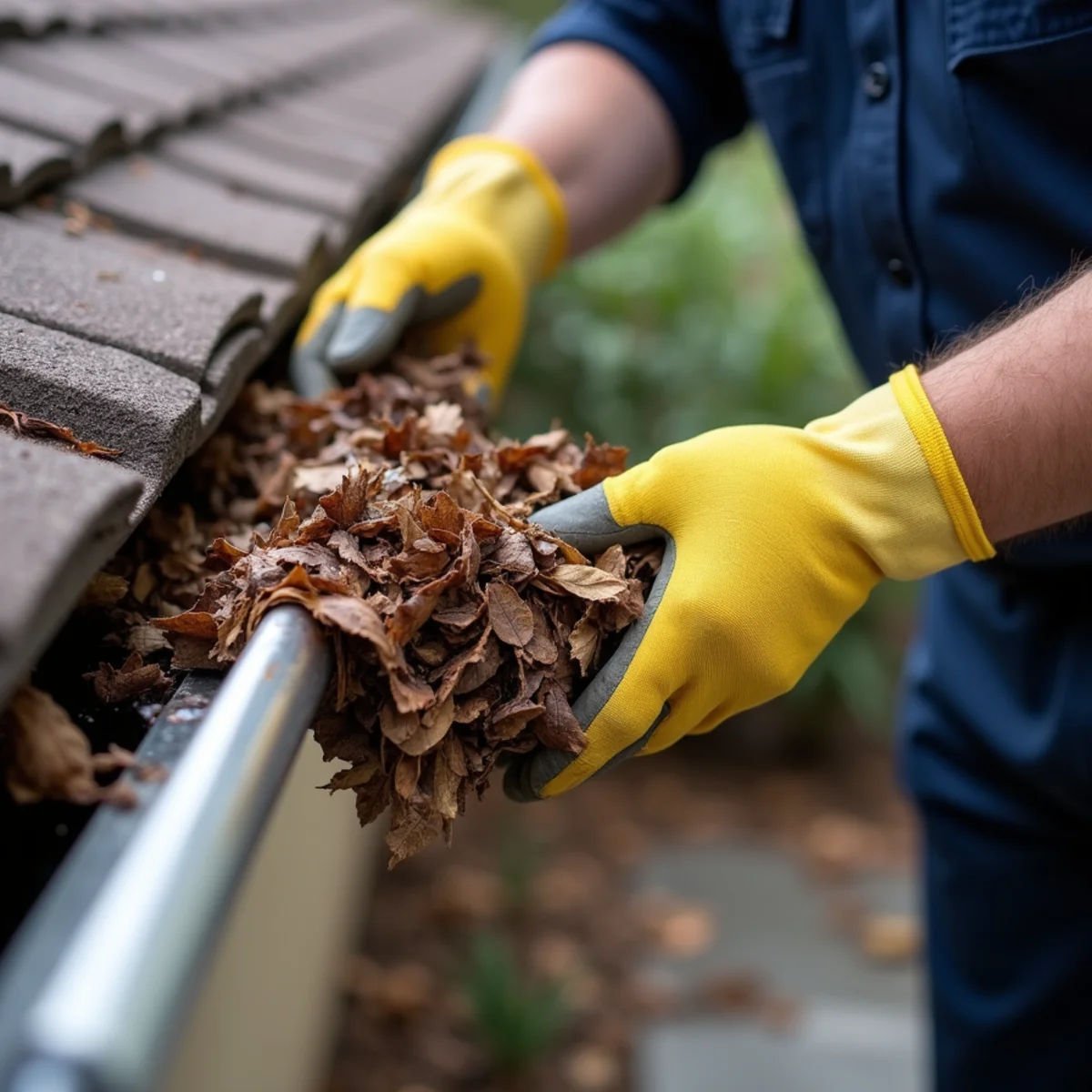 Homeowner clearing accumulated debris from a gutter before the rainy season in Whittier, CA