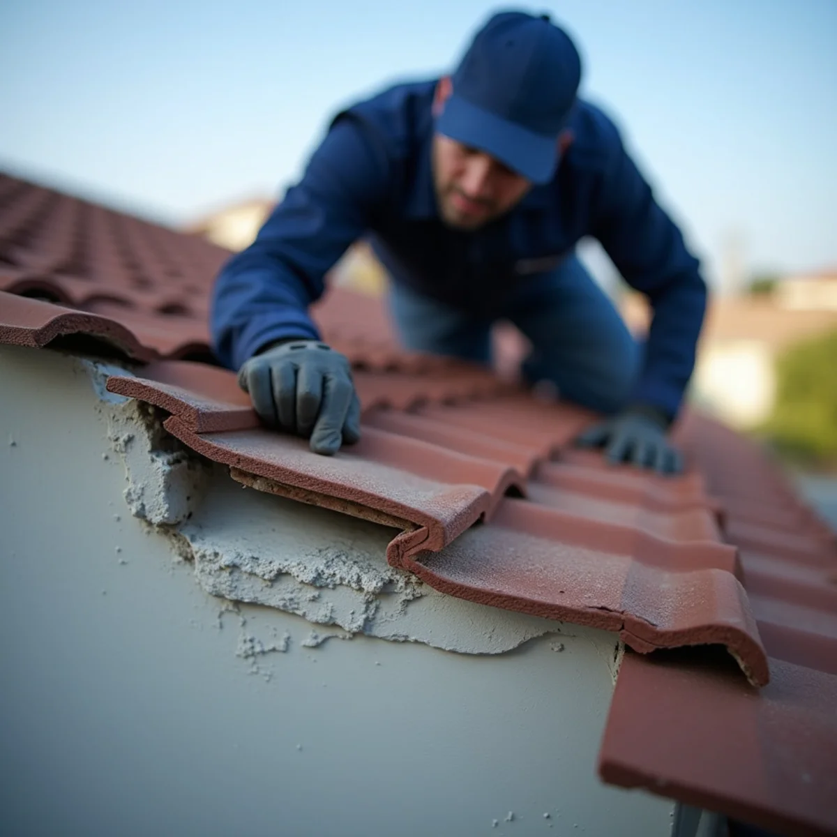 Cracked roof tiles and lifted flashing inspected from the ground on a Whittier, CA home