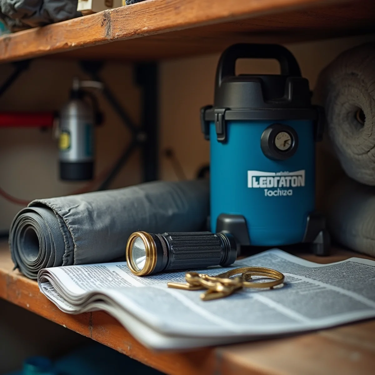 Torch, wet vacuum and tarps staged in a garage ahead of the winter storm season