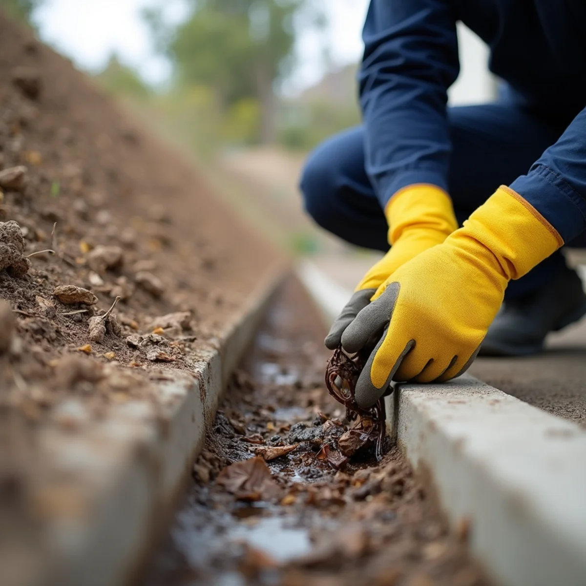 Clearing a silted hillside terrace drain above a property in the Whittier, CA foothills