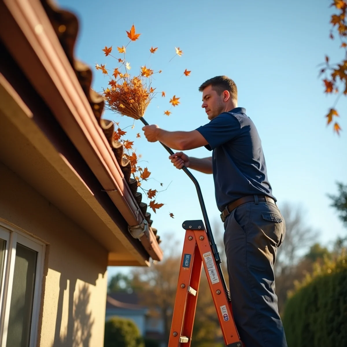 Homeowner clearing gutters before the rainy season at a Whittier, CA home