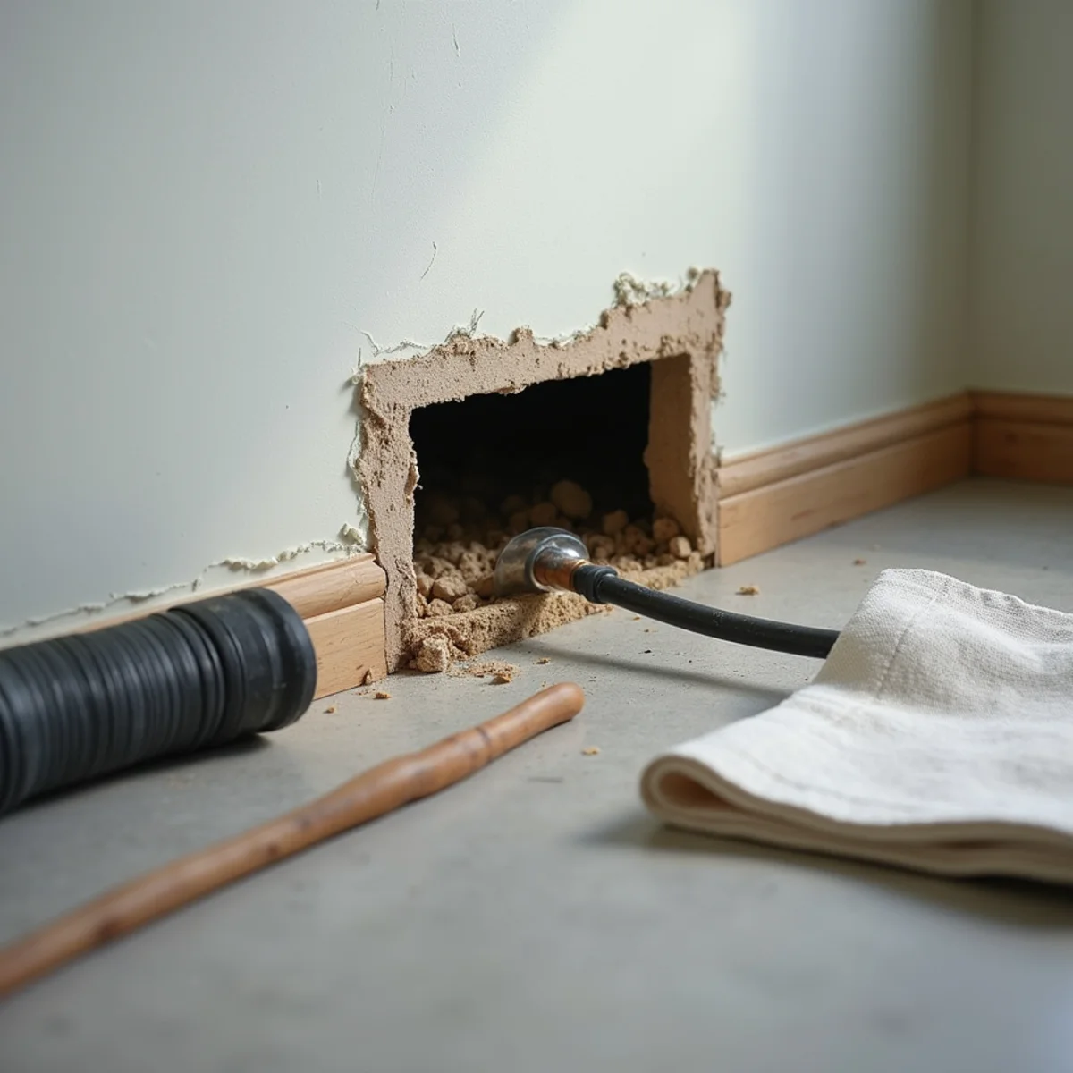 Burst pipe repair with an opened wall cavity being dried in a Whittier, CA home