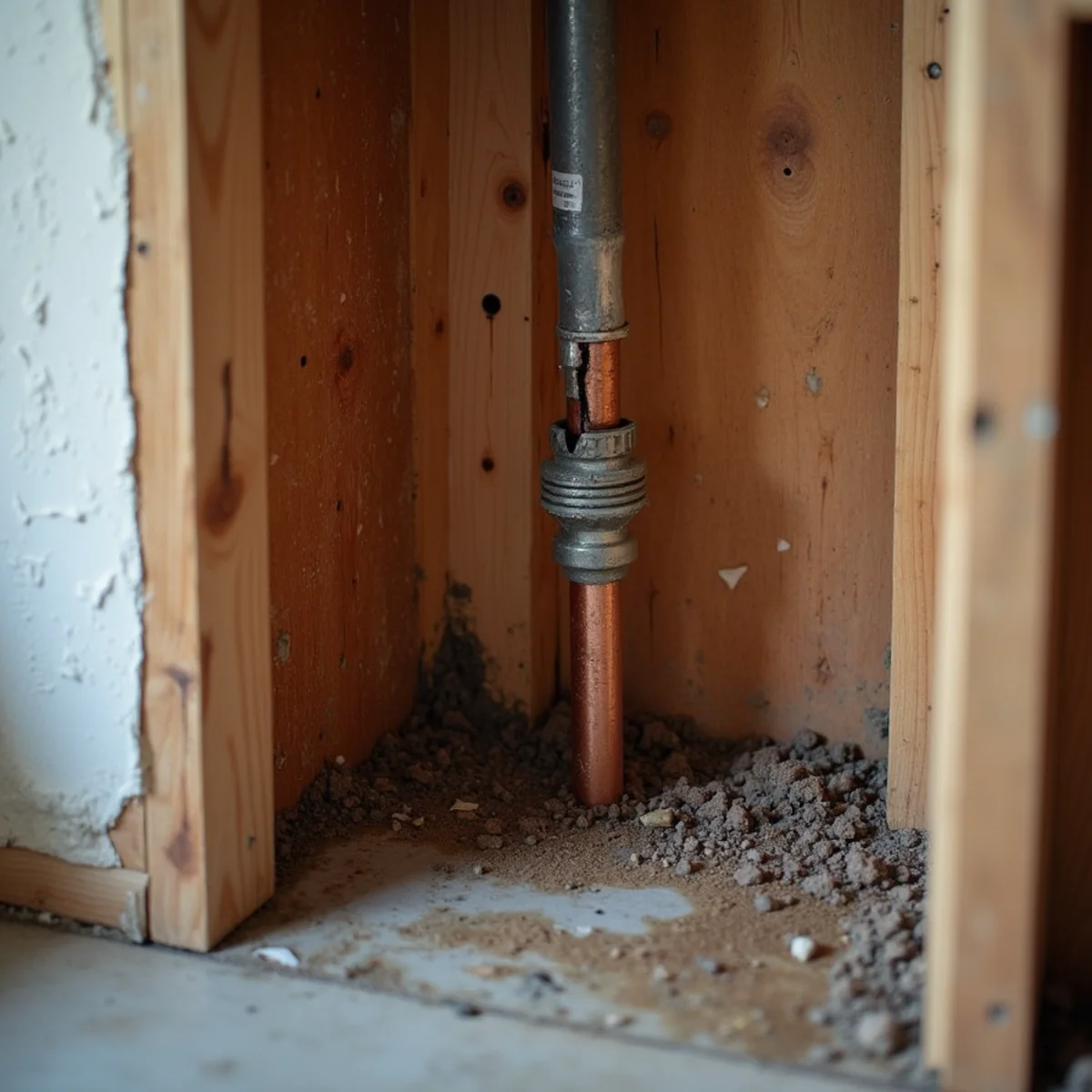 Split copper supply line exposed in an opened wall cavity with water staining running down the framing below
